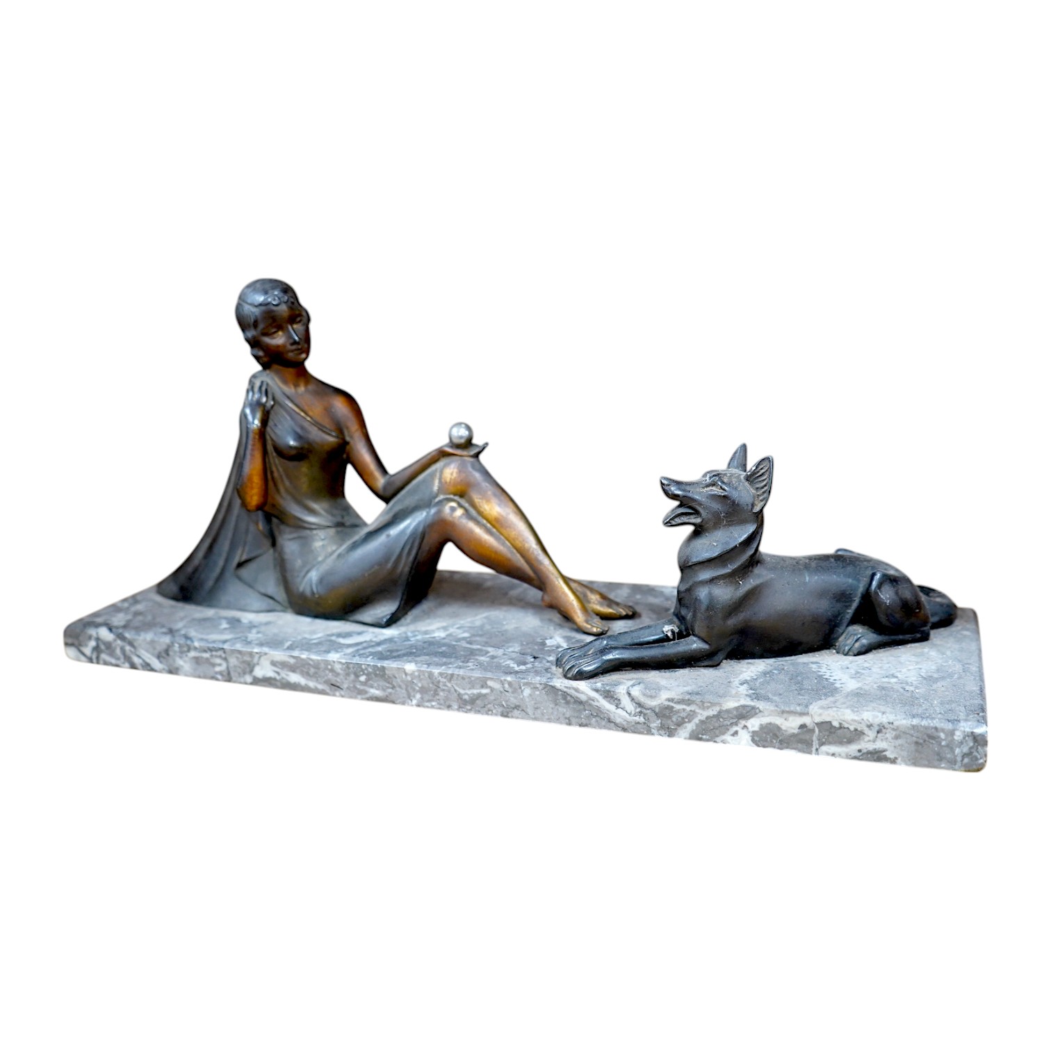 A French Art Deco spelter figure group, woman and dog, on marble base, signed H. BAL, 40cm long. Condition - fair to good